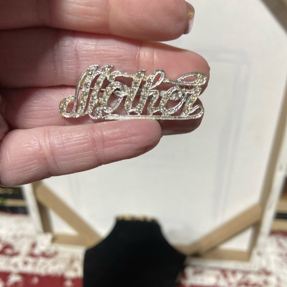 Silver Tone Cursive Mother Script Rhinestone Brooch - Picture 2 of 4